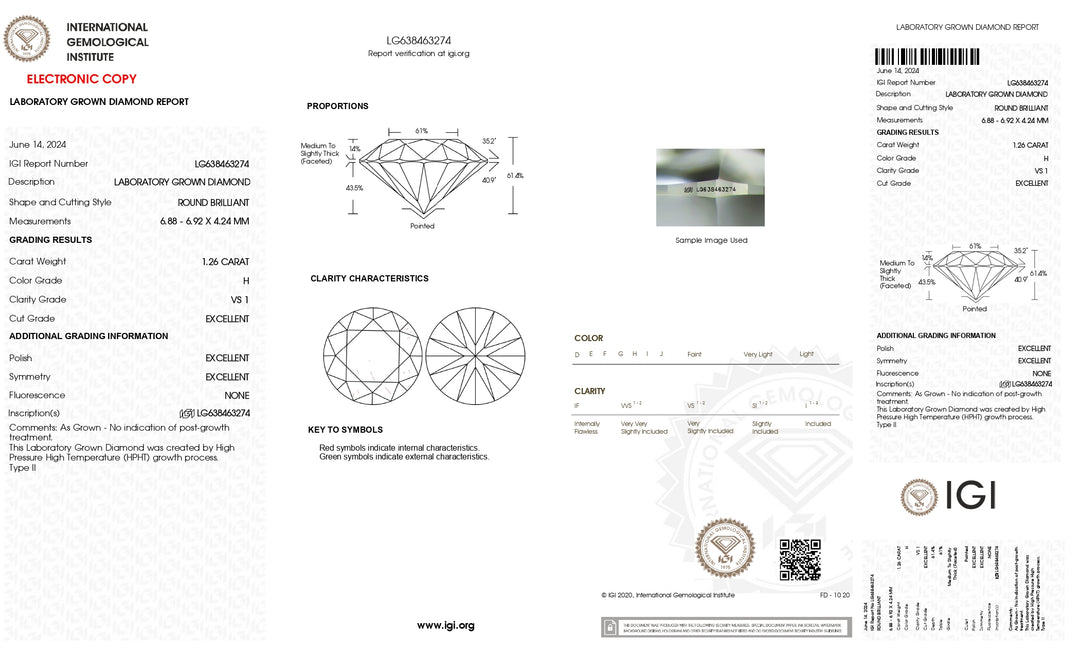 Diamant rond cultivé en laboratoire certifié IGI de 1,26 ct – Couleur H, pureté VS1, excellente taille