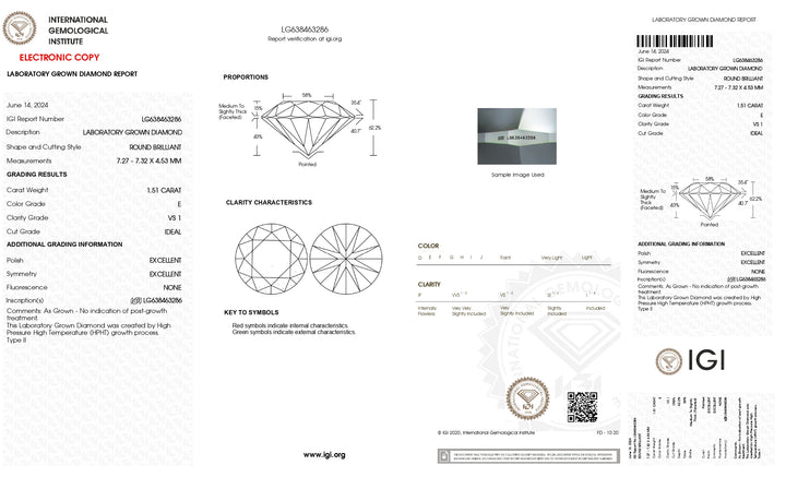 Diamante cultivado en laboratorio de talla redonda de 1,51 quilates con certificación IGI: color E, claridad VS1, talla ideal