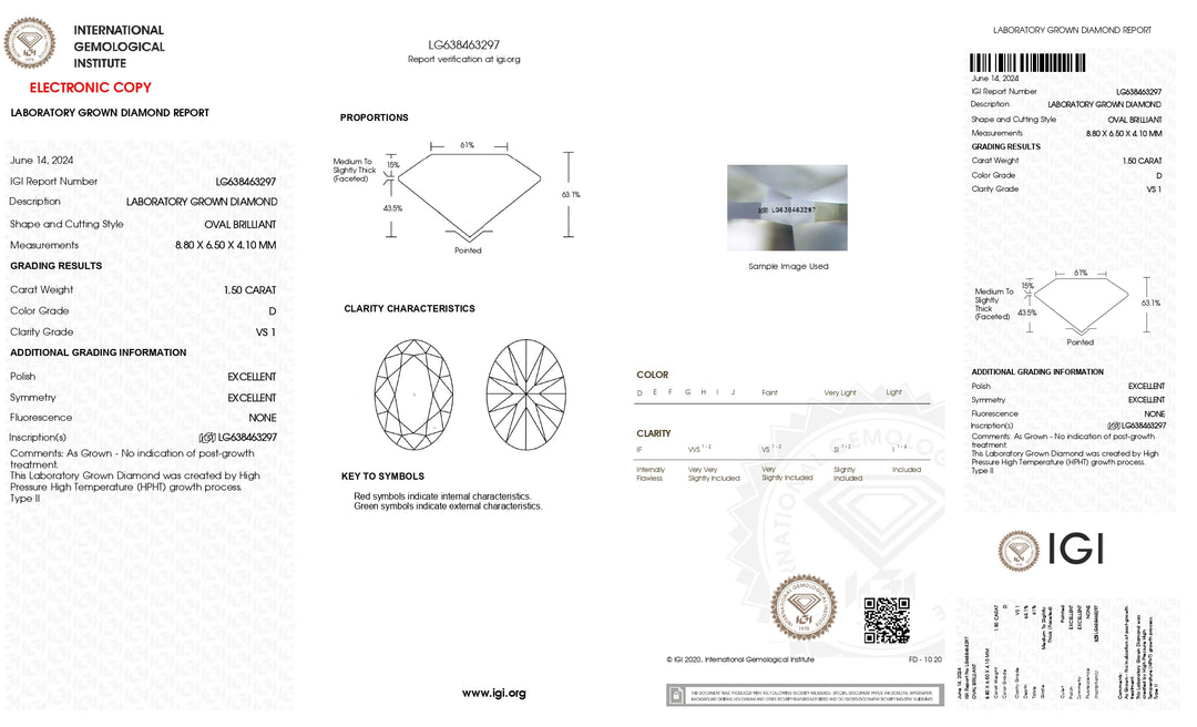 IGI Certified 1.50 CT Oval Cut Lab-Grown Diamond - D Color, VS1 Clarity, HPHT