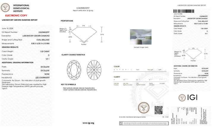 IGI Certified 1.50 CT Oval Cut Lab-Grown Diamond - D Color, VS1 Clarity, HPHT