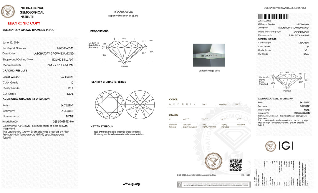 IGI Certified 1.62 CT Round Cut Lab-Grown Diamond - D Color, VS1 Clarity, Ideal Cut Excellence