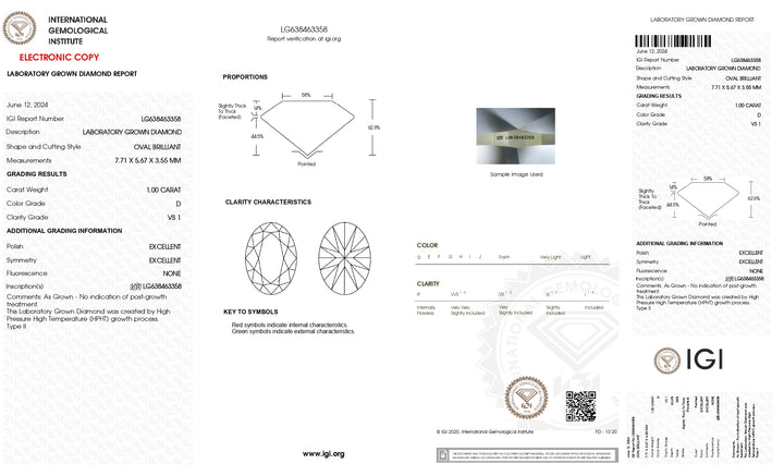 1.00 CT Oval Cut Lab-Grown Diamond, IGI Certified, D Color, VS1 Clarity, Excellent Polish