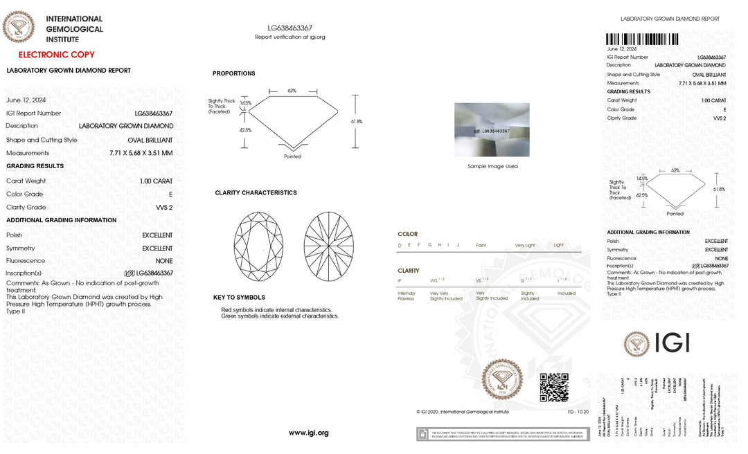 Diamant de laboratoire à taille ovale de 1,00 ct, certifié IGI, couleur E, pureté VVS2, excellent polissage