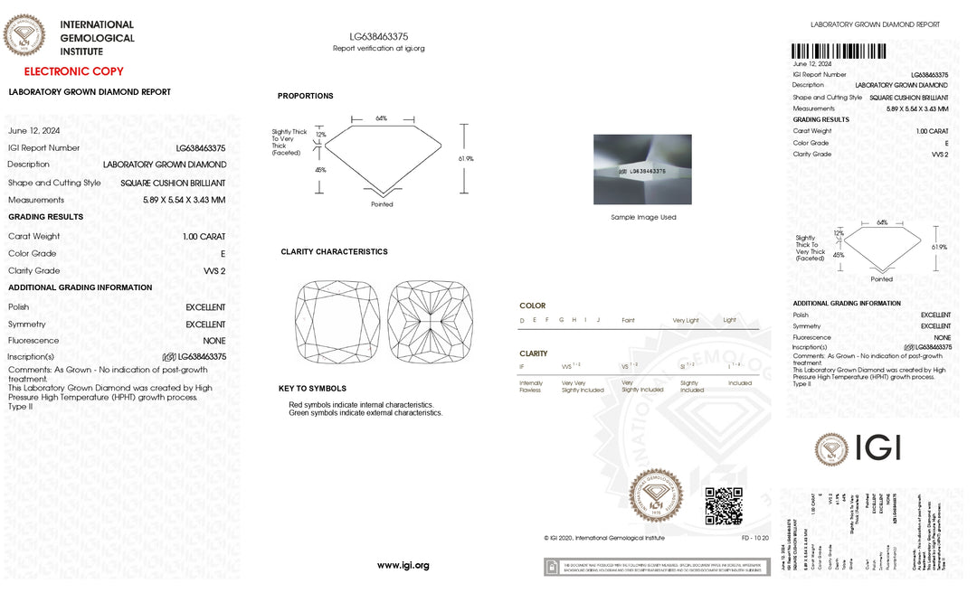 Diamant de laboratoire taille coussin certifié IGI de 1,00 ct - Clarté VVS2, couleur E, excellent polissage