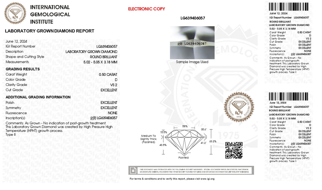 Diamante redondo cultivado en laboratorio de 0,50 quilates con certificación IGI: color D, claridad VS2, corte ideal