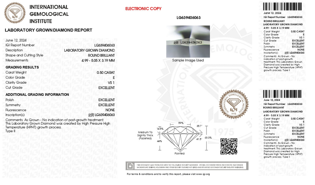 IGI Certified 0.50 CT Round Cut Lab-Grown Diamond - E Color, VS1 Clarity, Excellent Cut & Polish