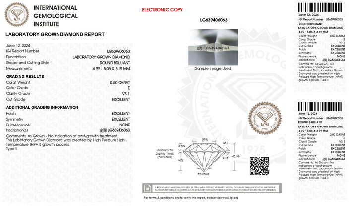 IGI Certified 0.50 CT Round Cut Lab-Grown Diamond - E Color, VS1 Clarity, Excellent Cut & Polish