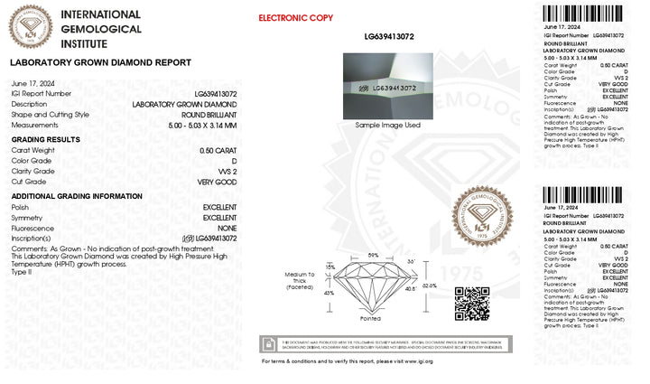 IGI Certified 0.50 CT Round Lab-Grown Diamond - D Color, VVS2 Clarity, Excellent Cut & Very Good Polish