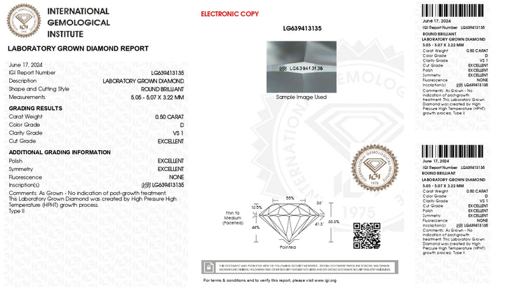 IGI Certified 0.50 CT Round Cut Lab-Grown Diamond - D Color, VS1 Clarity, Excellent Cut