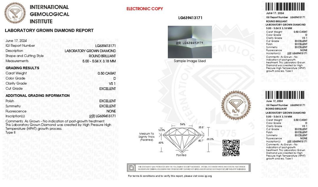 IGI Certified 0.50 CT Round Cut Lab-Grown Diamond - D Color, VS1 Clarity, Excellent Cut