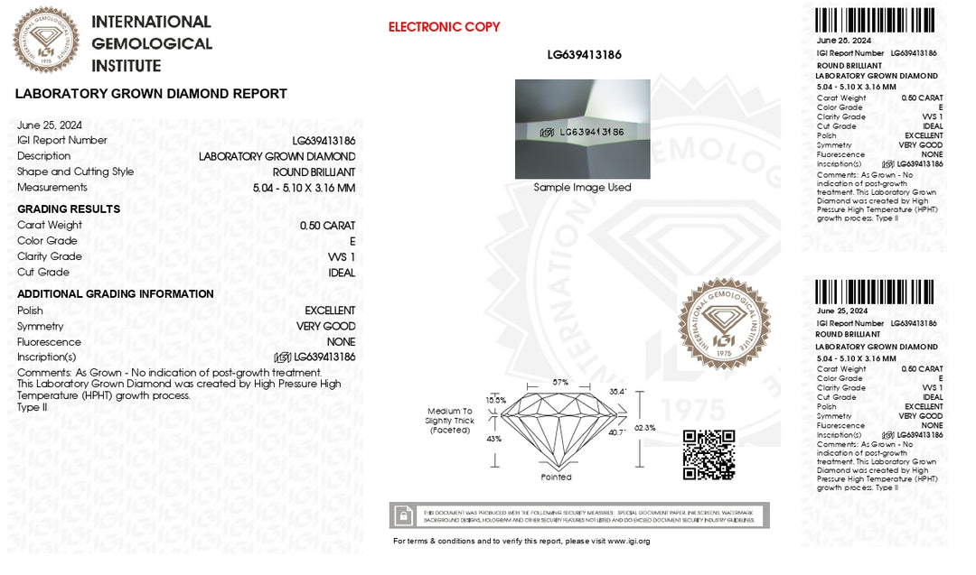 IGI Certified 0.50 CT Round Cut Lab-Grown Diamond - E Color, VVS1 Clarity, Ideal Cut