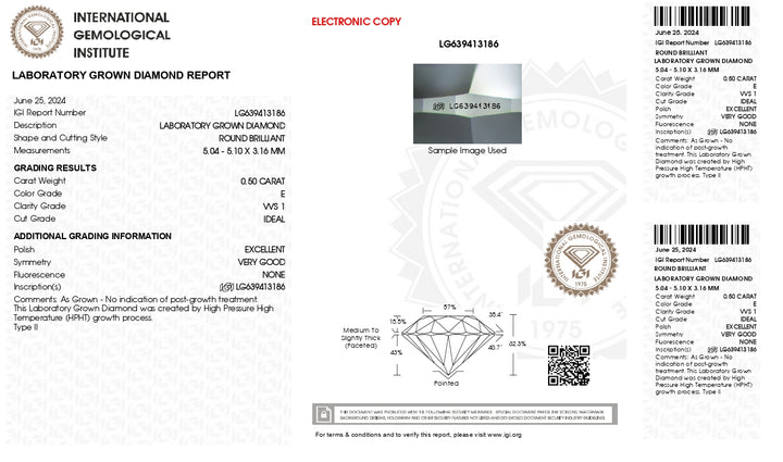 IGI Certified 0.50 CT Round Cut Lab-Grown Diamond - E Color, VVS1 Clarity, Ideal Cut