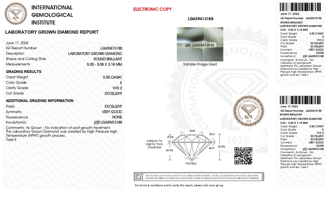 IGI Certified 0.50 Carat Round HPHT Lab-Grown Diamond - E Color, VVS2 Clarity