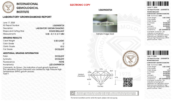 IGI Certified 0.50 CT Round Lab-Grown Diamond - D Color, VS2 Clarity, Excellent Cut & Polish