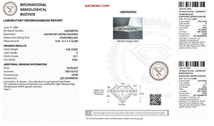 IGI Certified 0.50 CT Round Cut Lab-Grown Diamond, D Color, VS1 Clarity