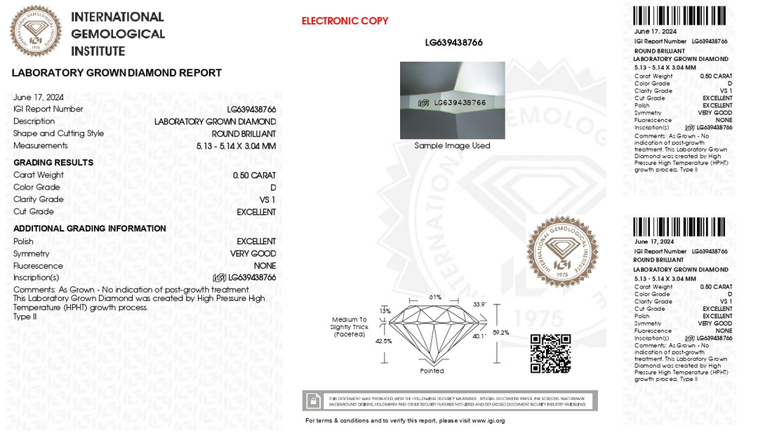 IGI Certified 0.50 CT Round Lab-Grown Diamond - D Color, VS1 Clarity, Excellent Cut