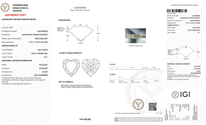 IGI Certified 5.40 CT Heart Cut Lab-Grown Diamond, Fancy Intense Pink Color, VS1 Clarity