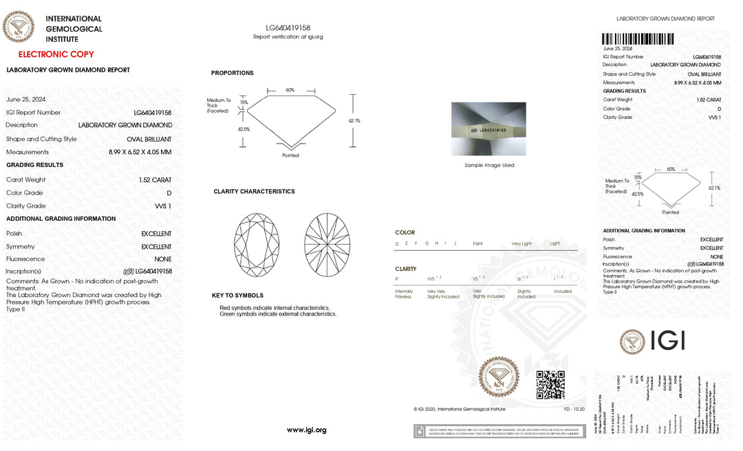 IGI Certified 1.52 CT Oval Lab-Grown Diamond – D Color, VVS1 Clarity, Exceptional Cut