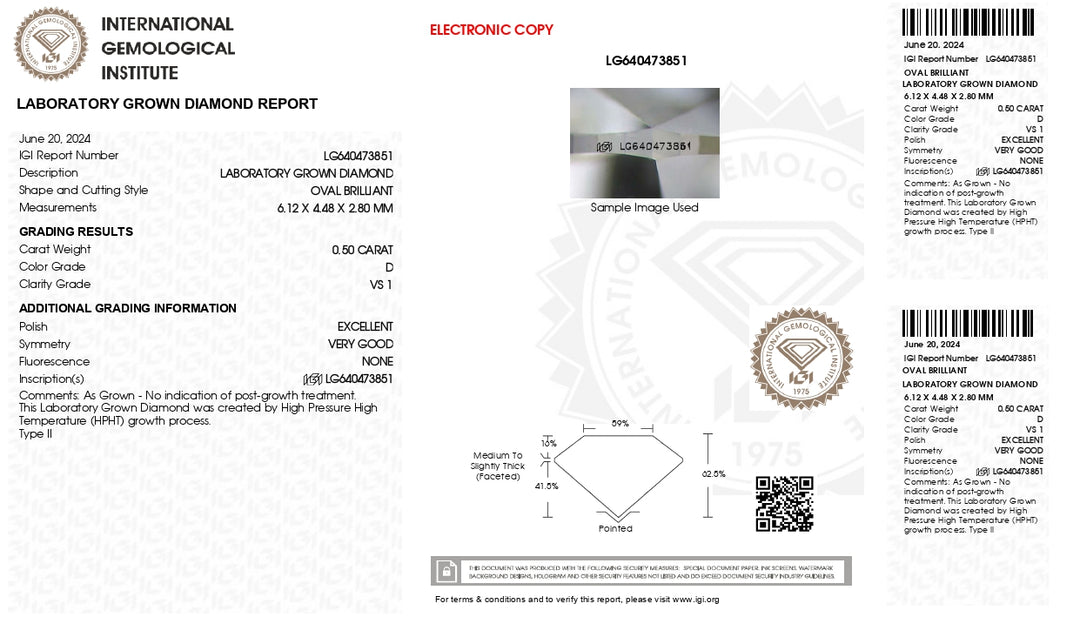 IGI Certified 0.50 CT Oval Cut Lab-Grown Diamond - D Color, VS1 Clarity (HPHT)