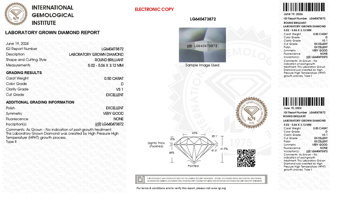 IGI Certified 0.50 CT Round Lab-Grown Diamond - D Color, VS1 Clarity, Excellent Cut