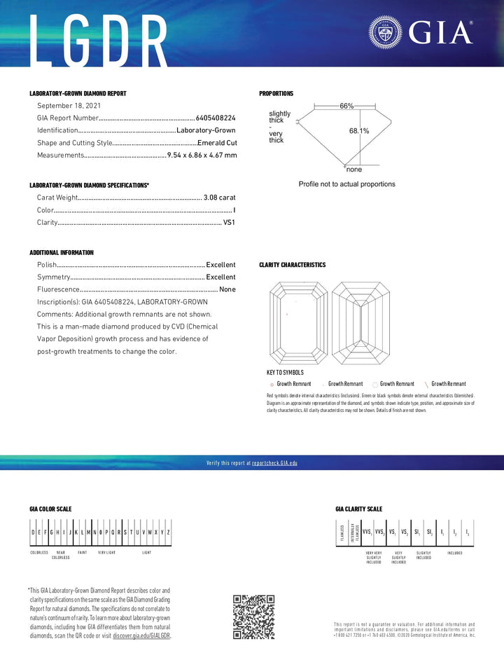 Diamante cultivado en laboratorio de talla esmeralda VS1 de 3,08 quilates y color I con certificación GIA