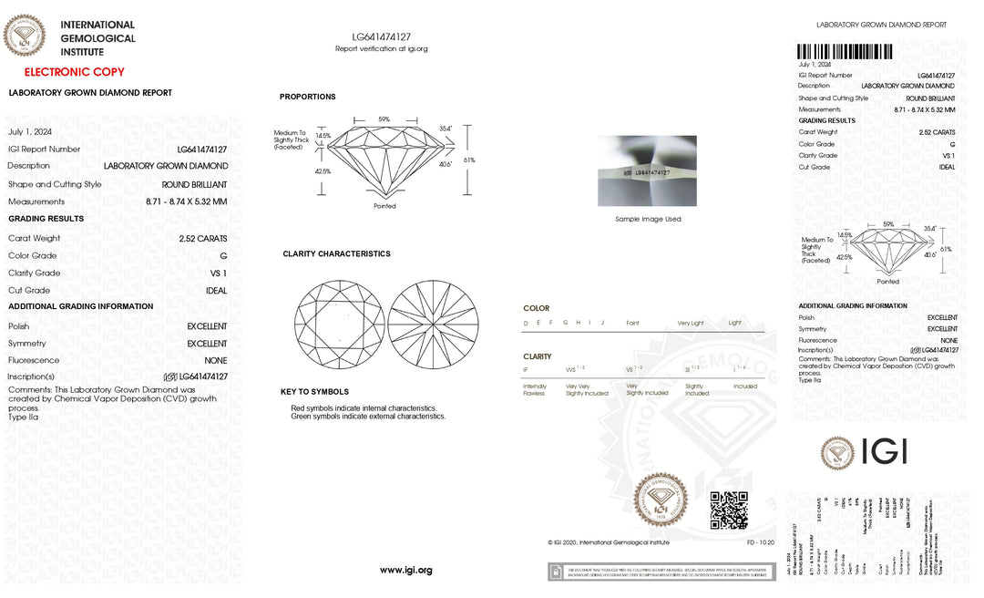 Diamant cultivé en laboratoire de 2,52 ct certifié IGI - Clarté VS1, couleur G, coupe idéale