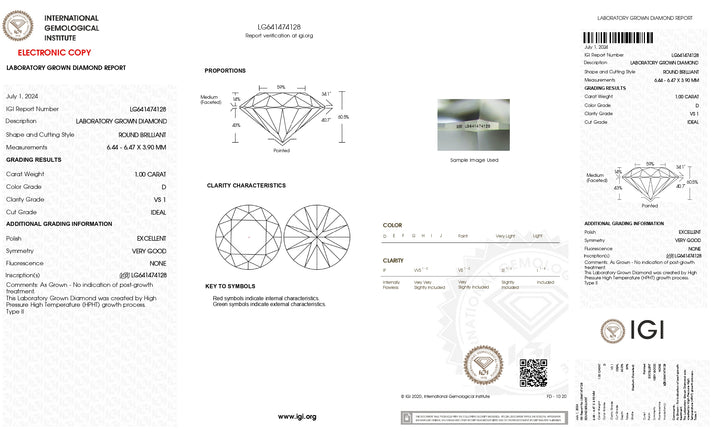 IGI Certified 1.00 CT Round Cut Lab-Grown Diamond - D Color, VS2 Clarity, Ideal Cut & Polish