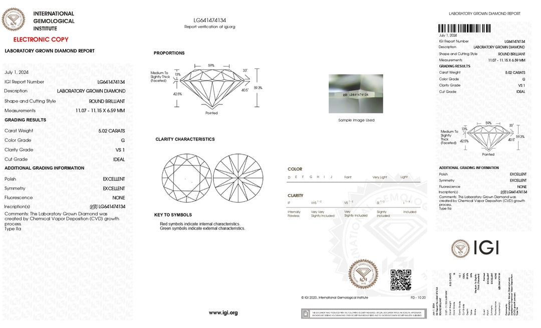 IGI Certified 5.02 CT Round Cut Lab Grown Diamond - VS1 Clarity, G Color