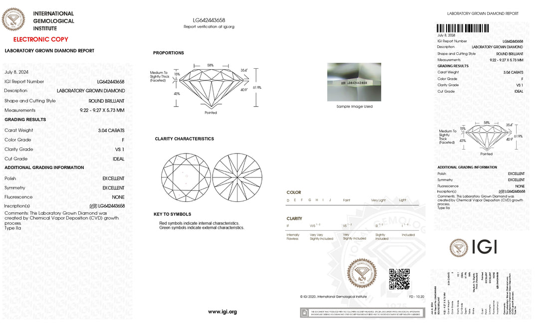 Diamante redondo cultivado en laboratorio de 3,04 quilates con certificación IGI: incoloro F, claridad VS1, corte ideal