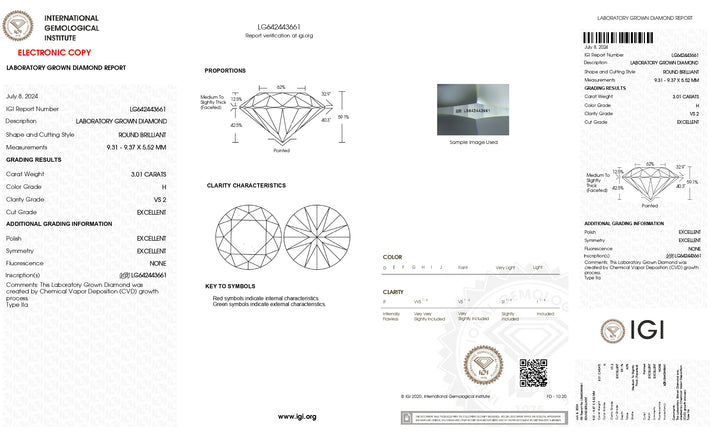 Diamant rond de 3,01 ct cultivé en laboratoire certifié IGI - Couleur H, pureté VS2