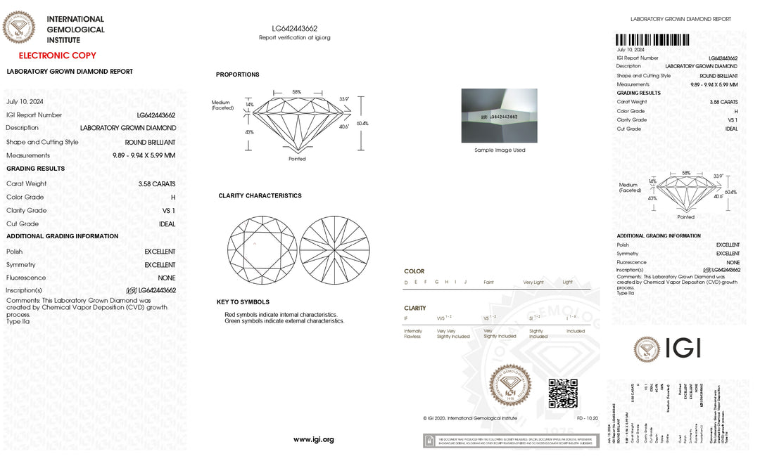 Diamant rond de 3,58 ct cultivé en laboratoire certifié IGI - Couleur H, pureté VS1