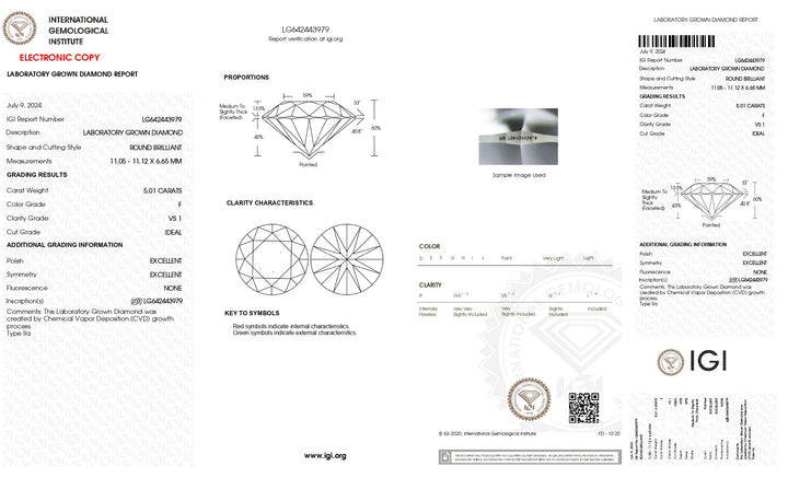 IGI Certified 5.01 CT Round Cut Lab Grown Diamond - VS1 Clarity, F Color