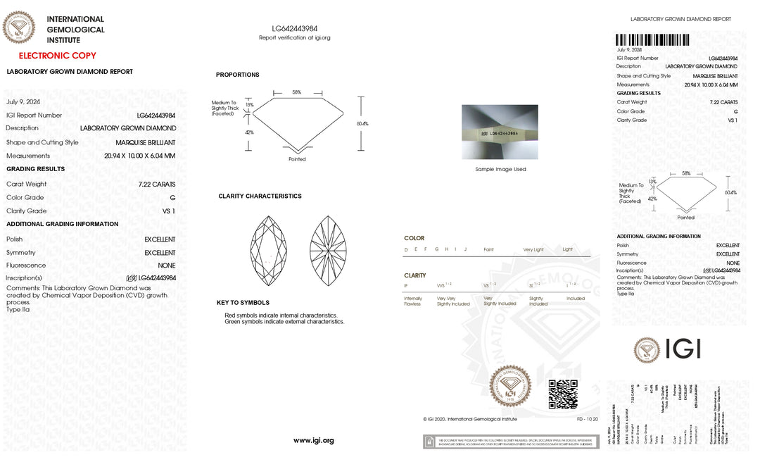 7.22 CT IGI Certified Marquise Cut Lab-Grown Diamond | VS1 Clarity | G Color