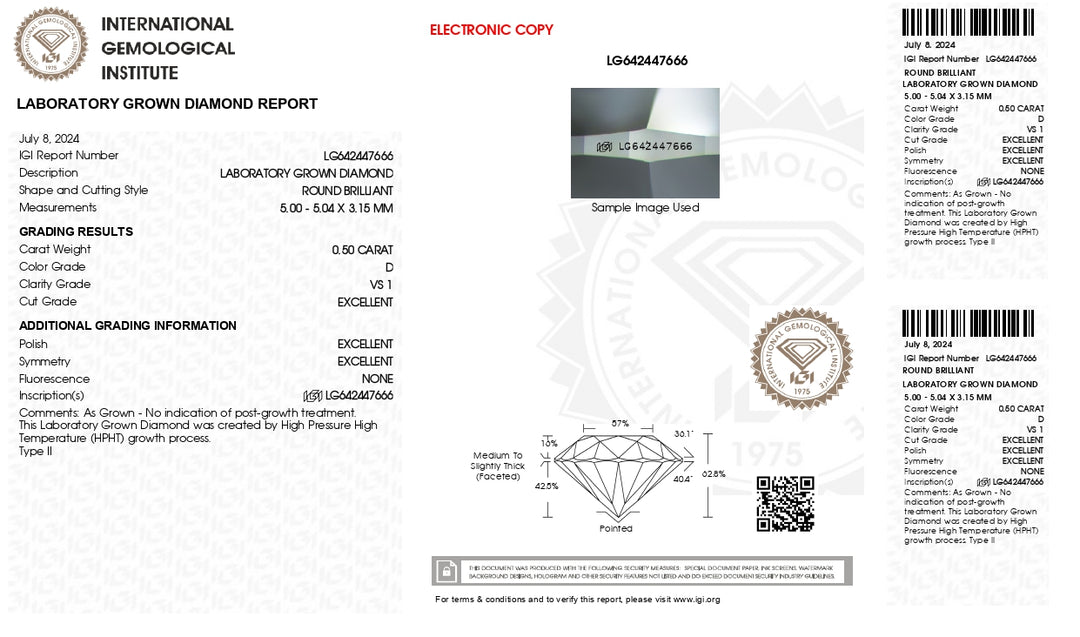 IGI Certified 0.50 CT Round Cut Lab-Grown Diamond - D Color, VS1 Clarity, Ideal Cut