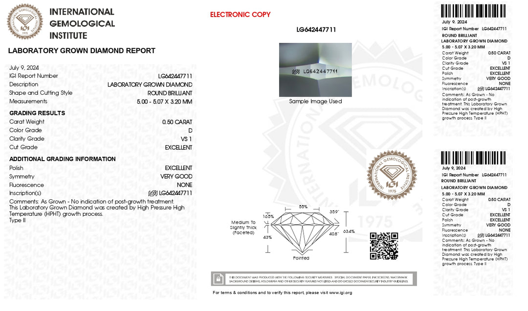 IGI Certified 0.50 CT Round Lab-Grown Diamond - D Color, VS1 Clarity, Excellent Cut