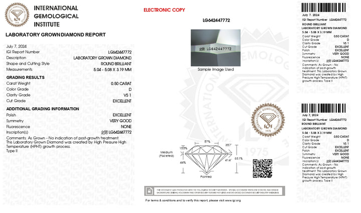 IGI Certified 0.50 CT Round Lab-Grown Diamond - D Color, VS1 Clarity, Excellent Cut