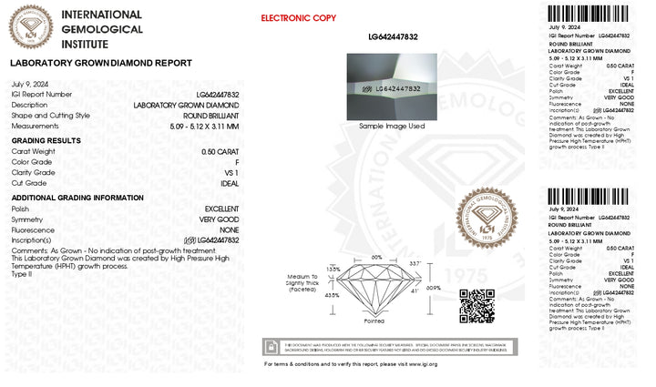 IGI Certified 0.50 CT Round Cut Lab-Grown Diamond - F Color, VS1 Clarity, Excellent Quality