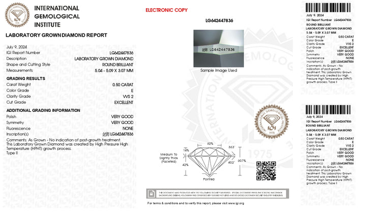 IGI Certified 0.50 Carat Round HPHT Lab-Grown Diamond - E Color, VVS2 Clarity