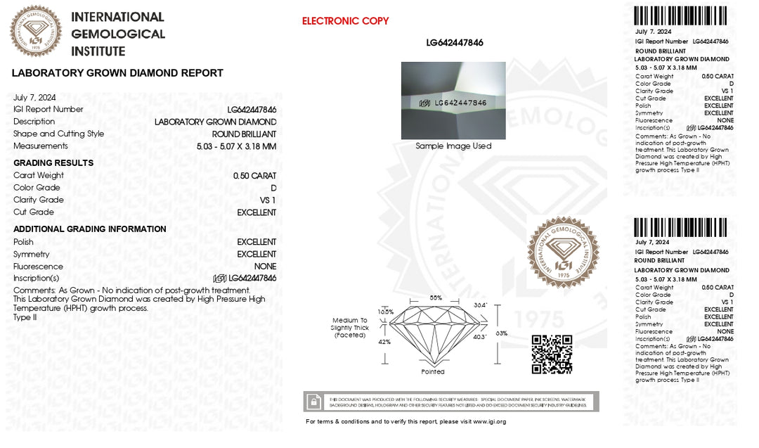 IGI Certified 0.50 CT Round Cut Lab-Grown Diamond - D Color, VS1 Clarity, Excellent Cut & Polish