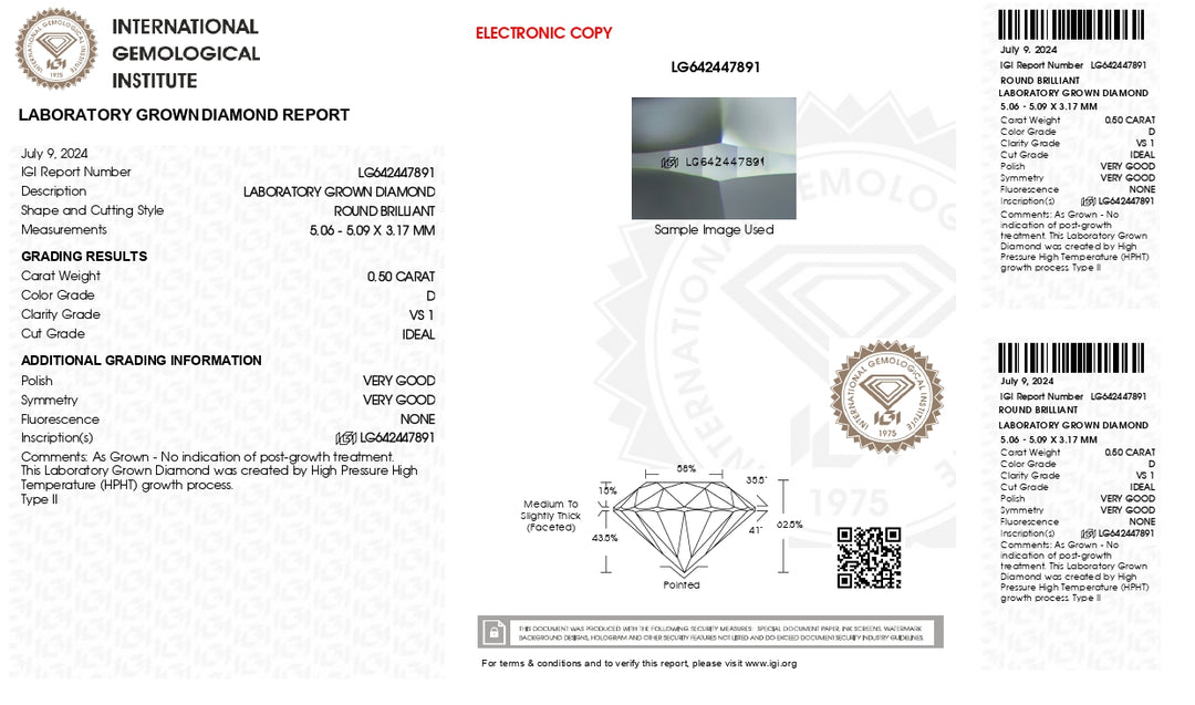 IGI Certified 0.50 CT Round Cut Lab-Grown Diamond - D Color, VS1 Clarity, Ideal Cut