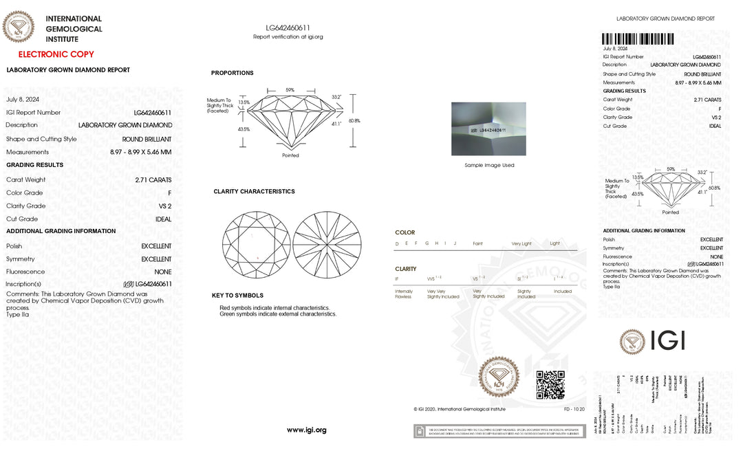 Diamant cultivé en laboratoire de 2,71 ct certifié IGI - Clarté VS2, couleur F, coupe idéale