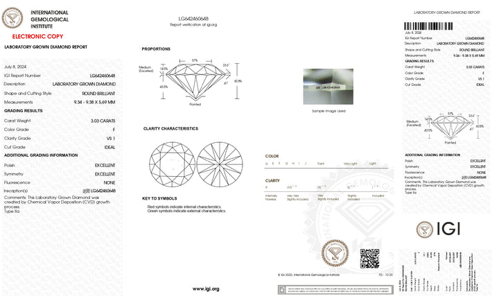 IGI Certified 3.03 CT Round Brilliant Lab Grown Diamond - VS1 Clarity, F Color