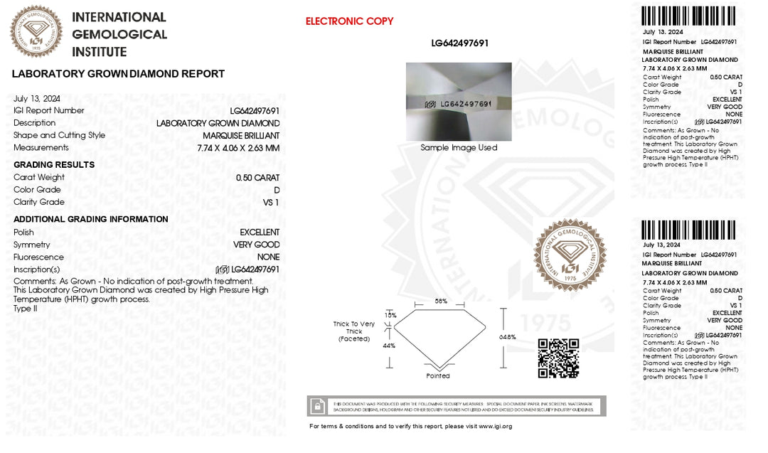 IGI Certified 0.50 CT Marquise Cut Lab-Grown Diamond - VS1 Clarity, D Color