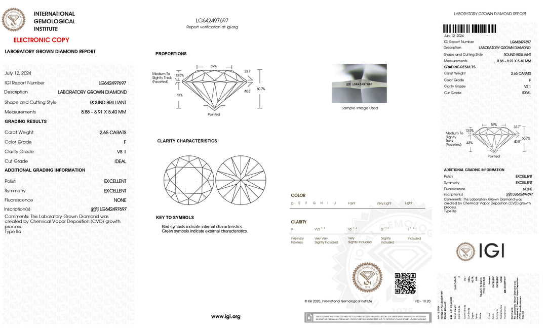 IGI Certified 2.65 Carat Round Lab-Grown Diamond - VS1 Clarity, F Color, Ideal Cut