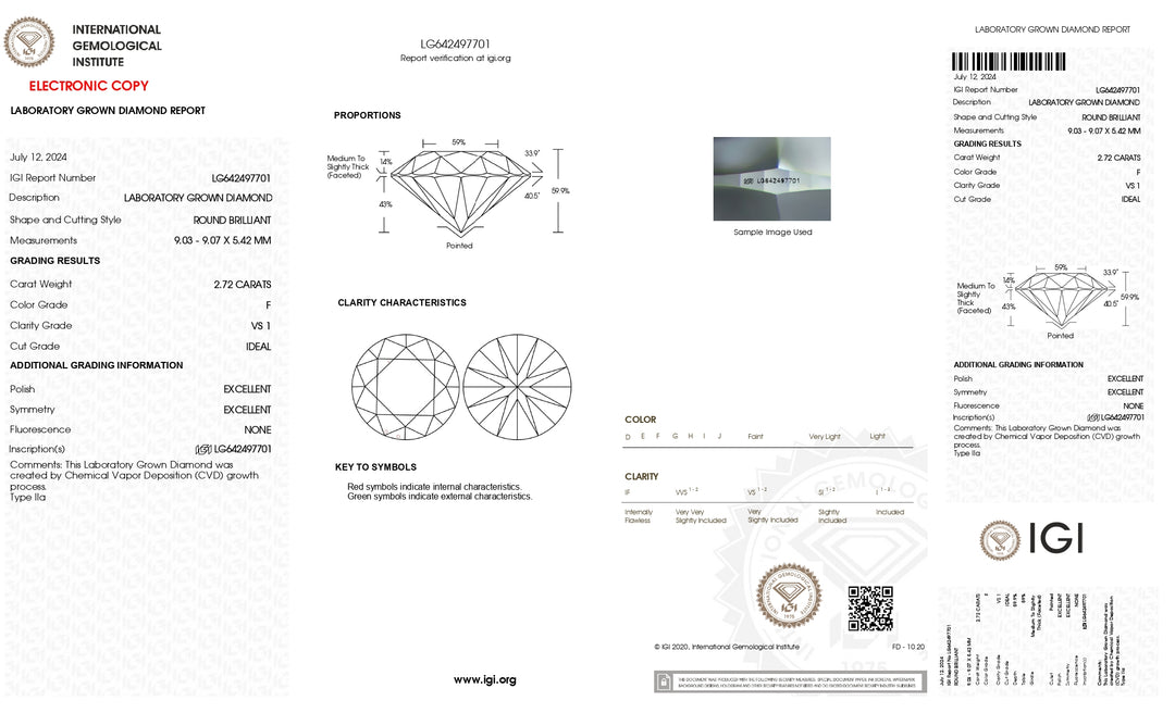 IGI Certified 2.72 Carat Round Lab-Grown Diamond - VS1 Clarity, F Color, Ideal Cut