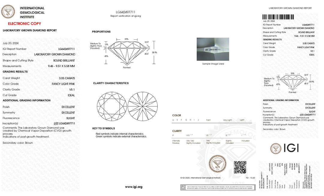 Diamant rond de 3,05 ct cultivé en laboratoire certifié IGI - Fancy Light Pink, pureté VS1