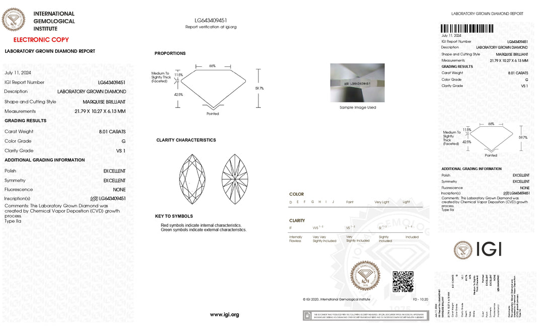 Diamante cultivado en laboratorio de talla marquesa de 8,01 quilates con certificación IGI (color G, claridad VS1)