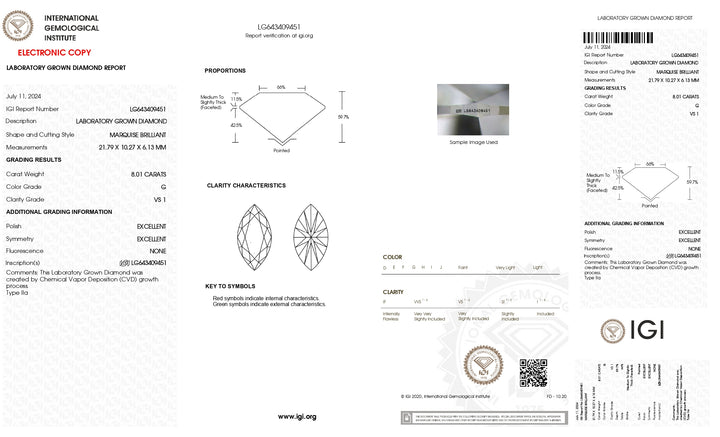 Diamante cultivado en laboratorio de talla marquesa de 8,01 quilates con certificación IGI (color G, claridad VS1)