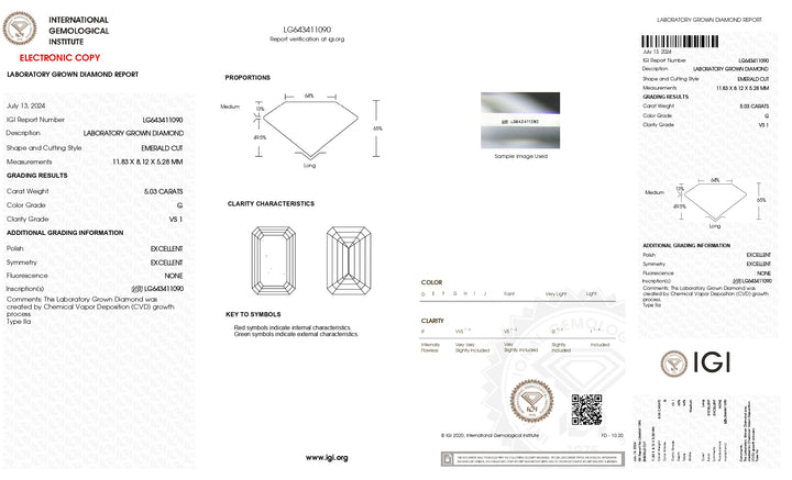 Diamante cultivado en laboratorio de talla esmeralda de 5,03 quilates con certificación IGI: color G, claridad VS1, corte y pulido de primera calidad