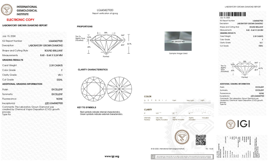 IGI Certified 2.39 Carat Round Lab-Grown Diamond - VS1 Clarity, F Color, Ideal Cut